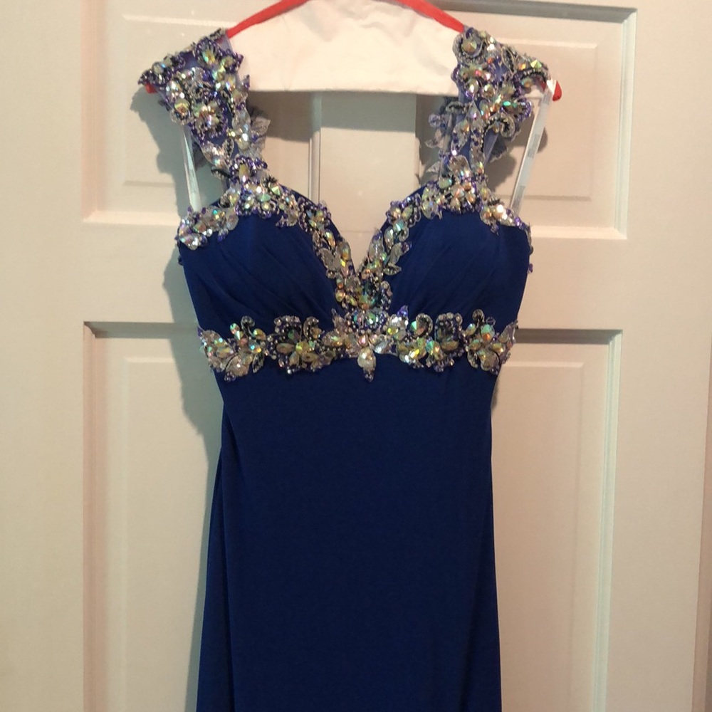 Tony Bowls Blue Jersey Formal Gown